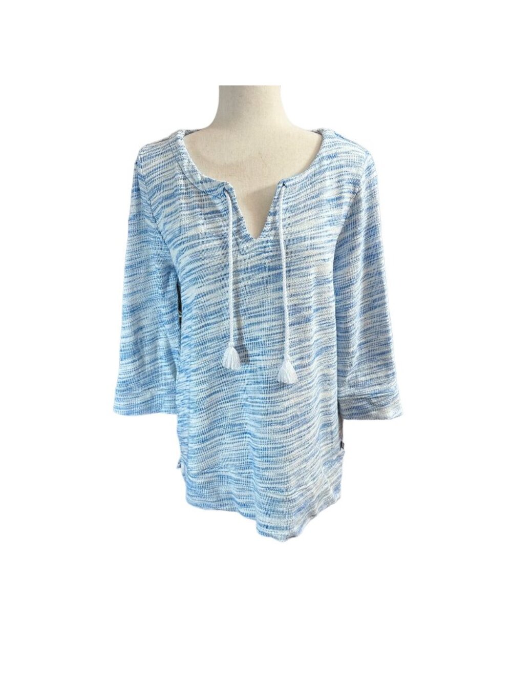 T By Talbots Sweater L Blue & White 3/4 Sleeve V Neck Drawstring Neckline Knit